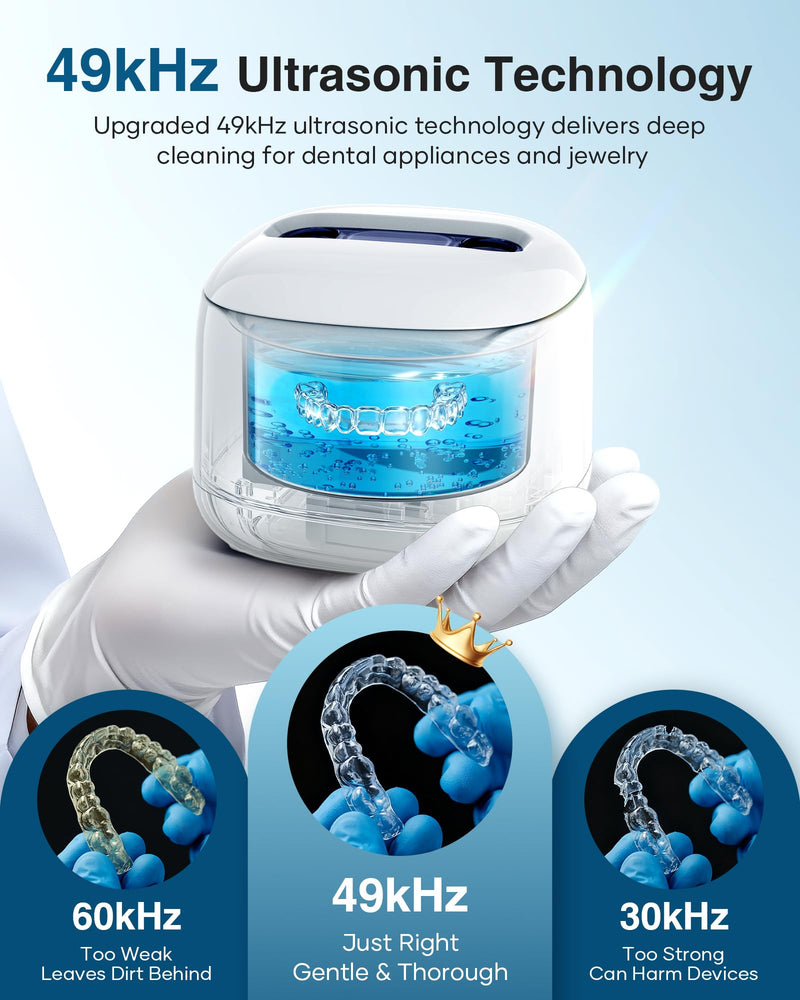 Ultrasonic Retainer Cleaner Machine, 49kHz Dental Cleaning Pod for Night Guards, Mouth Guards, Aligner, Braces, Toothbrush, Jewelry, Dentures, Ultrasonic Cleaner for Oral Dental Care, 220ML, White A-White - BeesActive Australia