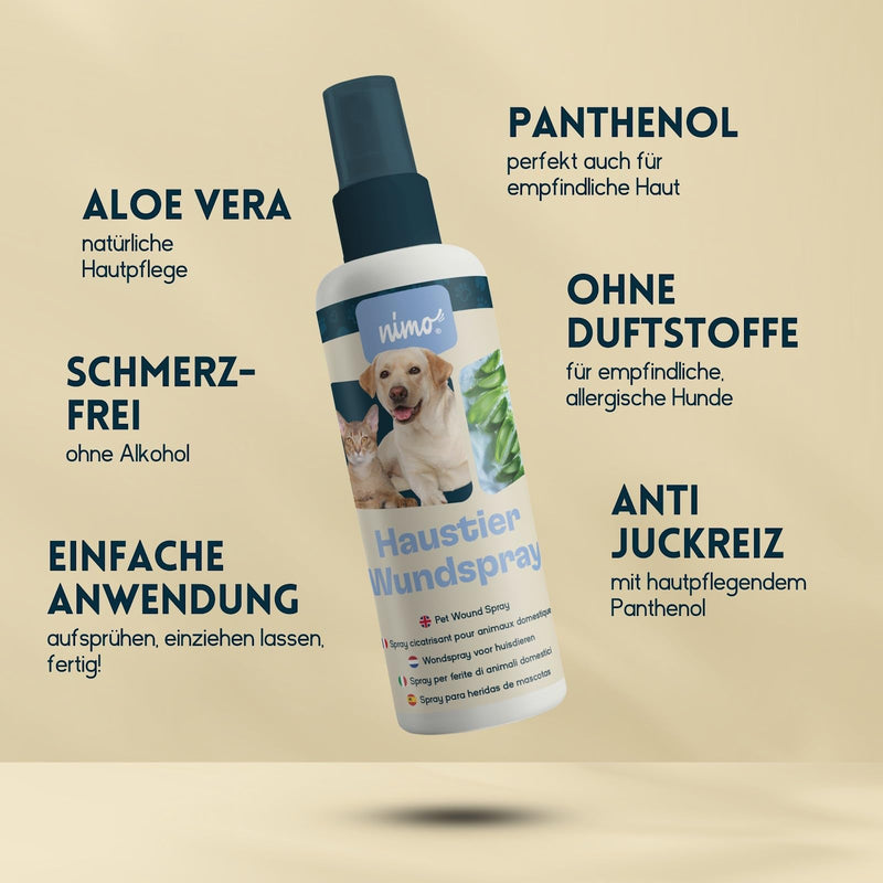 nimo® pet wound spray with aloe vera & panthenol | Wound care for dogs & cats | Regeneration of the skin for wounds, inflammation and irritation | Scar and wound spray against itching and scratching - BeesActive Australia