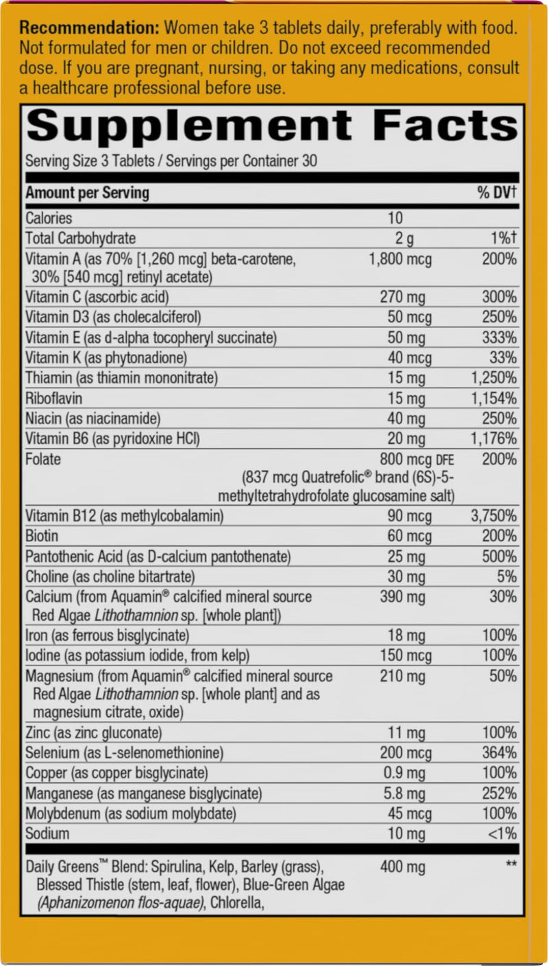 Nature's Way Alive! Max3 Potency Women's Complete Multivitamin, 90 ct | High-Potency Formula with Methylated B12, Folate, CranRx, Spirulina, Digestive Enzymes; Gluten-Free, No Artificial Colors