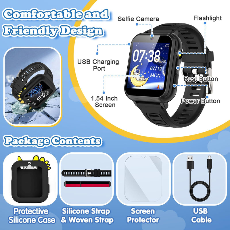 Kids Smart Watch Boys Gift Age 3-12 with 39 Games Alarm Clock Camera Video Music Player Pedometer Flashlight 12/24 hr HD Touch Screen Kids Watch Christmas Birthday Toys for Boys Ages 4 5 6 7 8 9 10 Black - BeesActive Australia