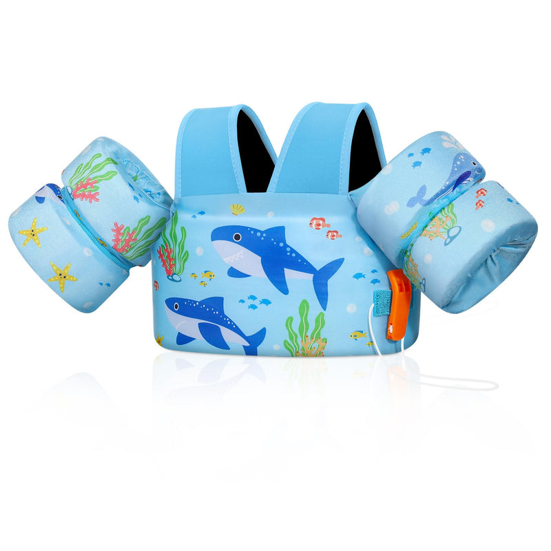 MoKo Toddler Swim Vest for Kids, Swim Arm Floaties 22-66 lbs Boys and Girls Cartoon Swimming Water Wings Pool Float Vests Sleeves Shoulder Straps Arm Band for Children Learn to Swim, Blue Shark A-Sky Blue Shark for kids 22-66 lbs