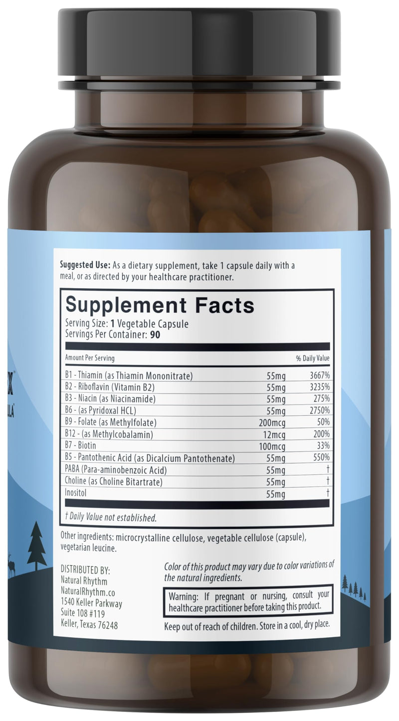 Natural Rhythm B-CALMplex B-Complex Vitamin Supplement, Comprehensive B Vitamin Blend with Methylfolate & B12, 3 Month Supply, 90 Capsules