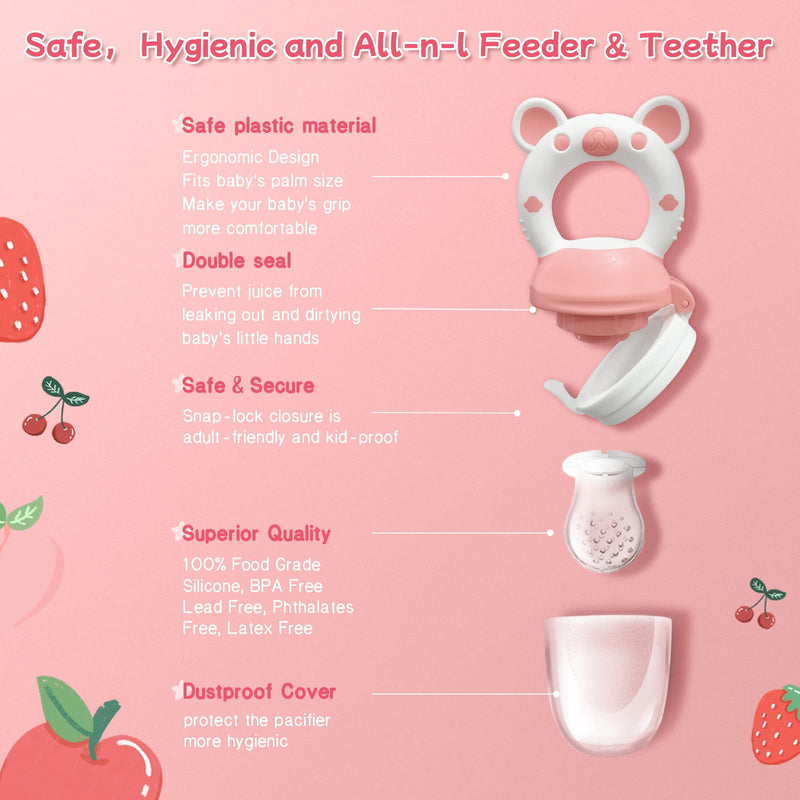 Baby Fruit Feeder with with 2 Extra Teats, Toddler Eating Essentials, BPAFree Feeding Supplies, Silicone Fresh Food Feeder for Safe Infant Self Feeding (Bear- Blue Pink) Q Bear - Blue Pink - BeesActive Australia