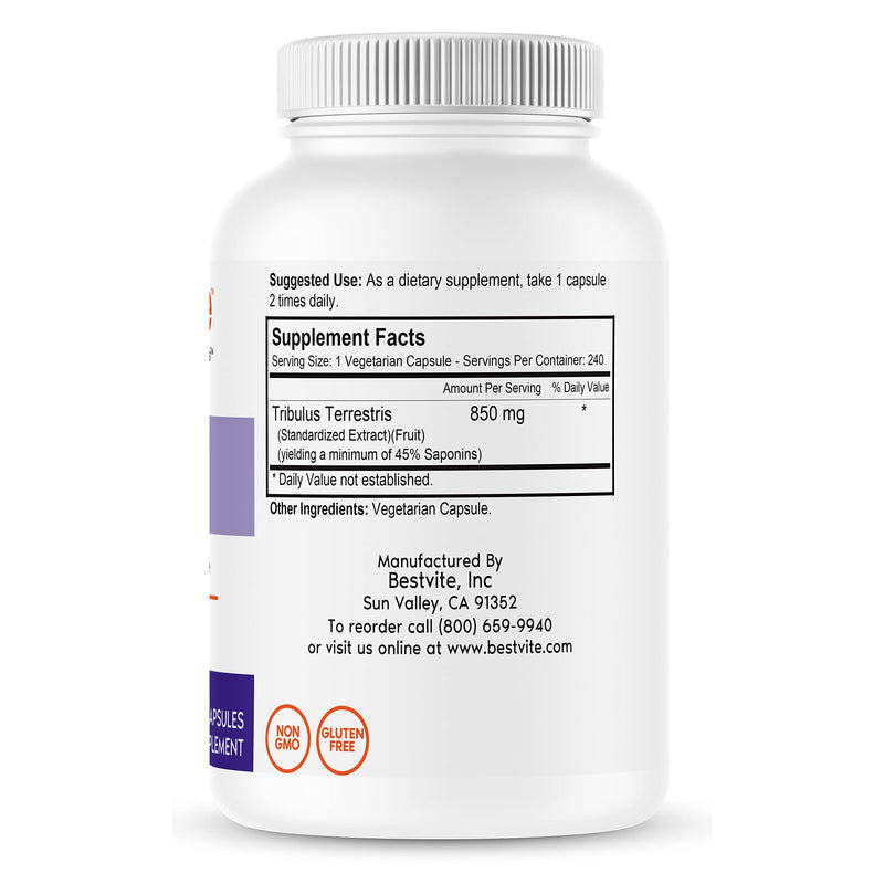 BESTVITE Tribulus Terrestris 850mg per Capsule (240 Vegetarian Capsules) - Standardized Extract - Min 45% Saponins - No Stearates - No Silicon Dioxide - No Fillers - Vegan - Non GMO - Gluten Free 240 Count (Pack of 1) - BeesActive Australia