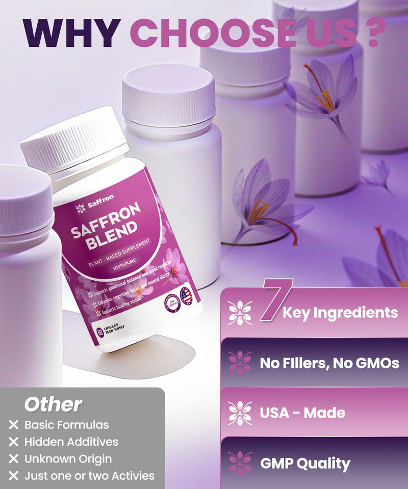 Saffron Supplements for Men & Women - Mood, Energy & Vision Support - Saffron, Magnesium, Vitamin B6 & Adaptogenic Herbal Blend, Non-GMO, Gluten-Free, 60 Vegan Capsules(30 Day Supply)