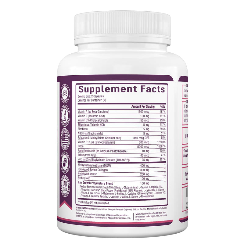 Purely Optimal Hair Growth Vitamins – Supports Thicker, Stronger Hair Growth, Healthy Skin & Nails – Biotin, Collagen, Keratin – Easy-to-Take, Unflavored, 60 Capsules