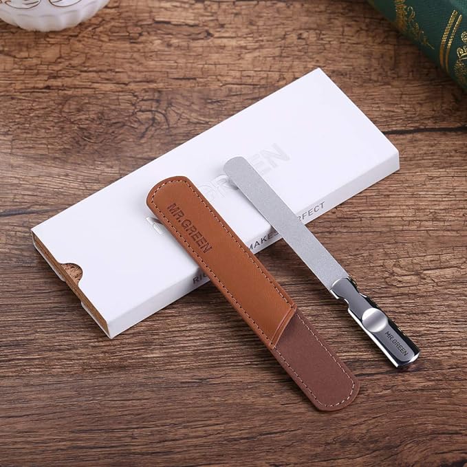 Mr. Green Double Sided Nail File, Stainless Steel, Anti-Slip Handle, Professional, Nail Polishing, With Leather Case, Unisex, Great Gift - BeesActive Australia