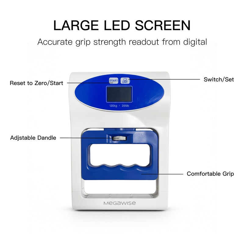 Grip Strength Dynamometer Pro - Digital Hand Grip Tester & Trainer, 265lbs/120kg High Precision Sensor, Home Fitness, gym (White)