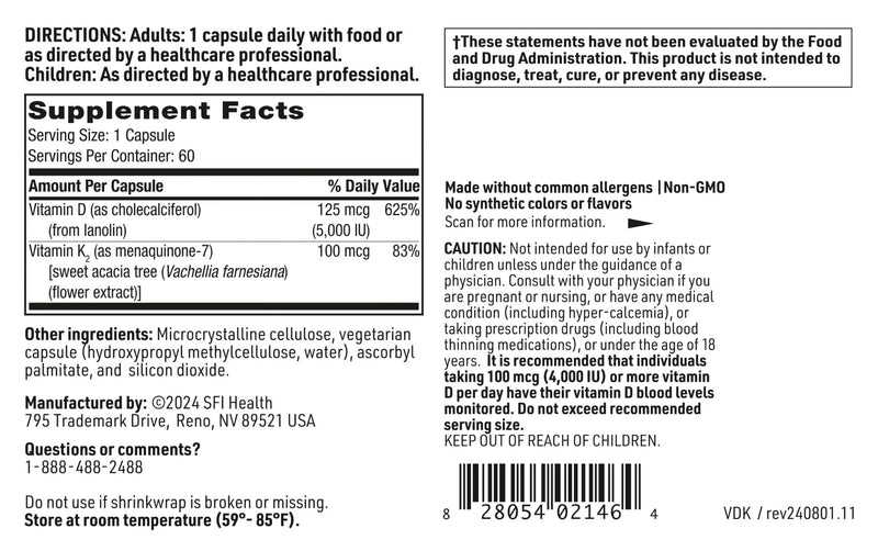SFI Health Klaire Labs Vitamin D Plus K, 60 Count | Bone Health & Immune Support Supplement for Calcium Metabolism, 5,000 IU Vitamin D3 with 100 mcg K2 Supplement