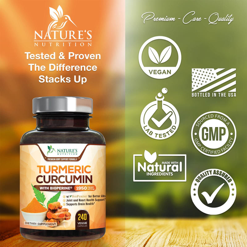 Turmeric Curcumin with BioPerine 95% Standardized Curcuminoids 1950mg - Black Pepper Extract for Max Absorption, Nature's Joint Support Supplement, Herbal Turmeric Pills, Vegan Non-GMO - 240 Capsules 240 Count (Pack of 1) - BeesActive Australia