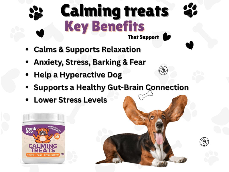 Frank & Co Calming Treats for Dogs – 120 Soft Chews with L-Tryptophan, L-Theanine, Magnesium, Chamomile, Passionflower, Hemp Seed Oil & Probiotics – Natural Daily Calm Support