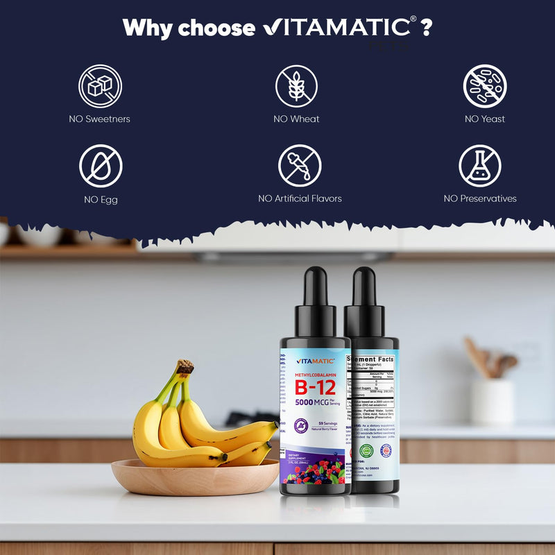 Vitamatic 2 Packs Fast Acting Liquid Vitamin B12 5000 mcg (Methylcobalamin) - Natural Berry Flavor - Sublingual Supplement - Faster Absorption - 2 OZ
