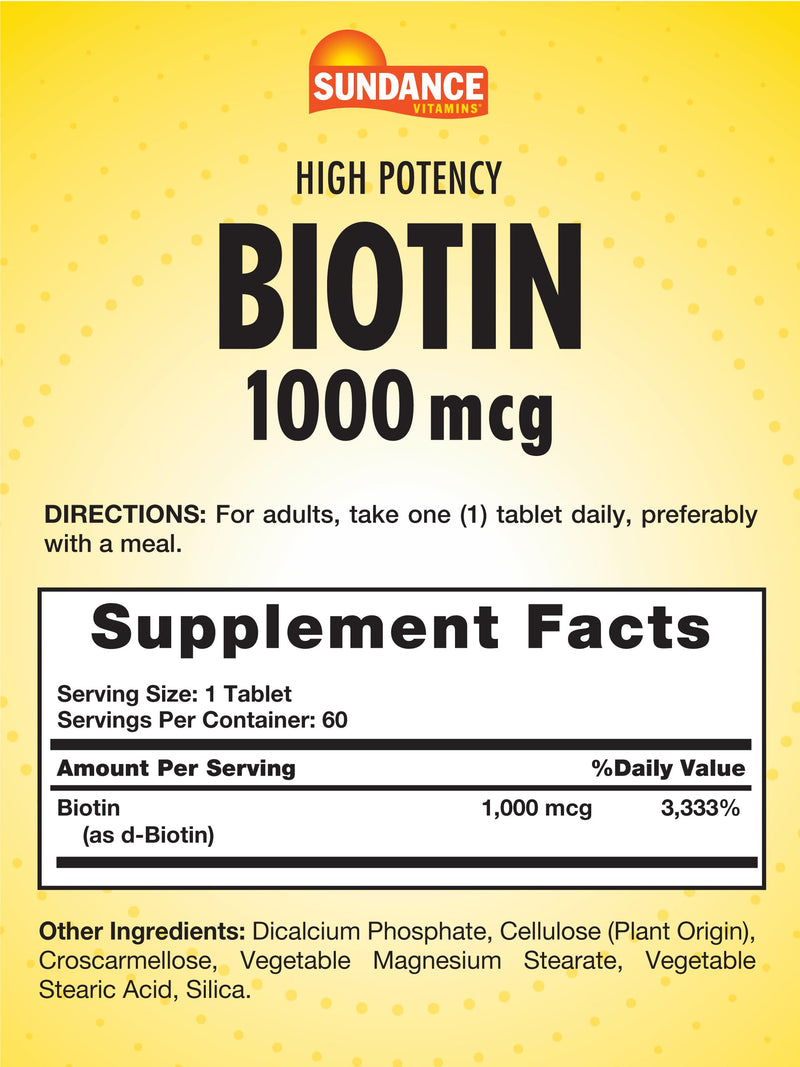 Sundance High Potency Biotin 1,000 mcg Supplement | Essential B Vitamin Tablets | Vegetarian, Non-GMO & Gluten Free 60 Count (Pack of 1)