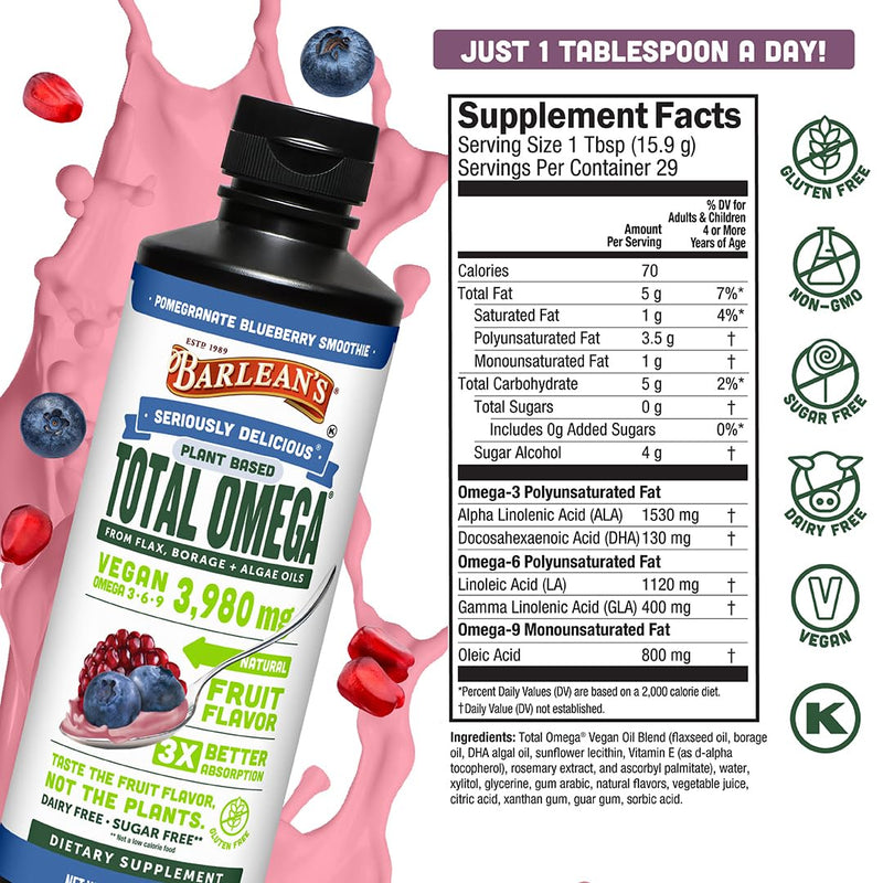 Barlean's Pomegranate Borage & Algae Oil, Omega 3-6-9 Flaxseed, Vegan, 16oz | Plant-based flax, borage & algae, EPA DHA omega 3-6-9, Non-GMO, Gluten-free, Vegan, For kids & adults, Heart & brain Pomegranate Blueberry Smoothie 1 Pound (Pack of 1)