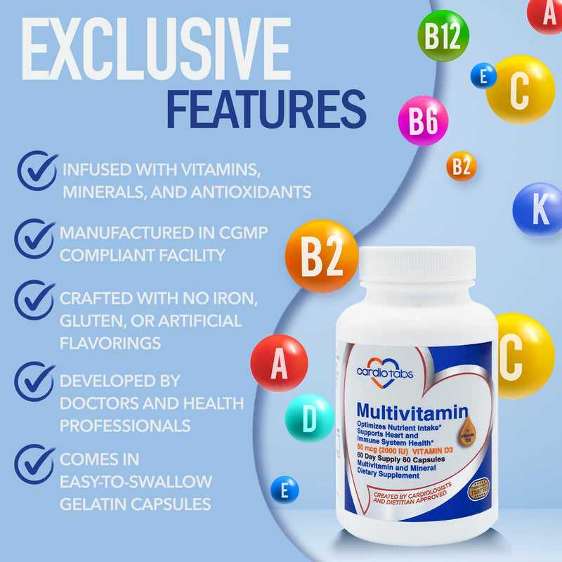 Multivitamin - Heart and Immunity Supplements for Men & Women, Multivitamin for Men & Women, with Minerals B-Vitamin Complex, Vitamins A, C, E, K and 2000 IU Vitamin D3, 60-Count Bottle