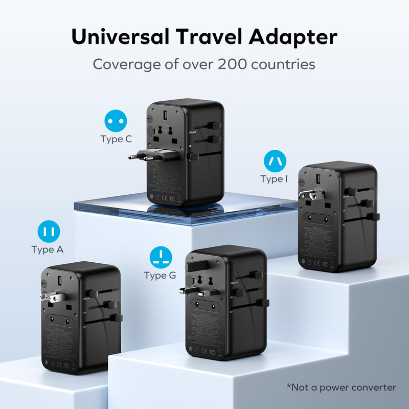 MOMAX 140W Universal Travel Adapter, GaN Technology, EU/UK/AUS/US/JP Worldwide, Fast Charging for iPhone, MacBook pro, Vision Pro, Charging Cable Included Black - BeesActive Australia