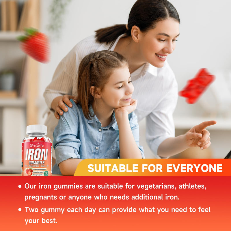 Iron Gummies for Women, Men & Kids, Sugar Free Iron Supplement with Calcium, Zinc, Folate & Vitamin B12, C, B6 - for Blood Building & Energy Support, Anemia, Strawberry, 120 Count 60 Count (Pack of 2)