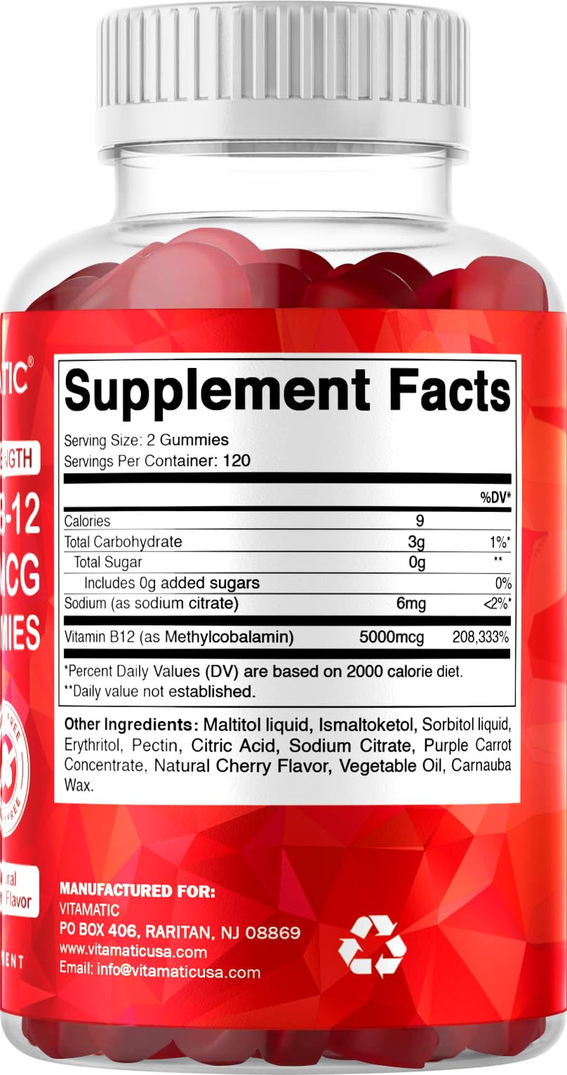 Vitamatic Extra Strength Vitamin B12 5000 mcg (Methyl B12) Gummies - 240 Count, Natural Cherry Flavored