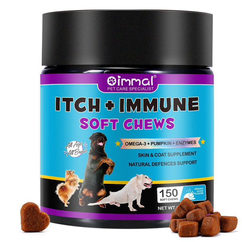 Itch and Immune Chews for Dogs(150 Chews),Skin & Coat Supplement,Soothe Itchy Paws,Skin,Eyes, Ears, Supports Seasonal Itching,for All Breeds and Sizes,Peking Duck Flavor 150 Count(Pack of 1)