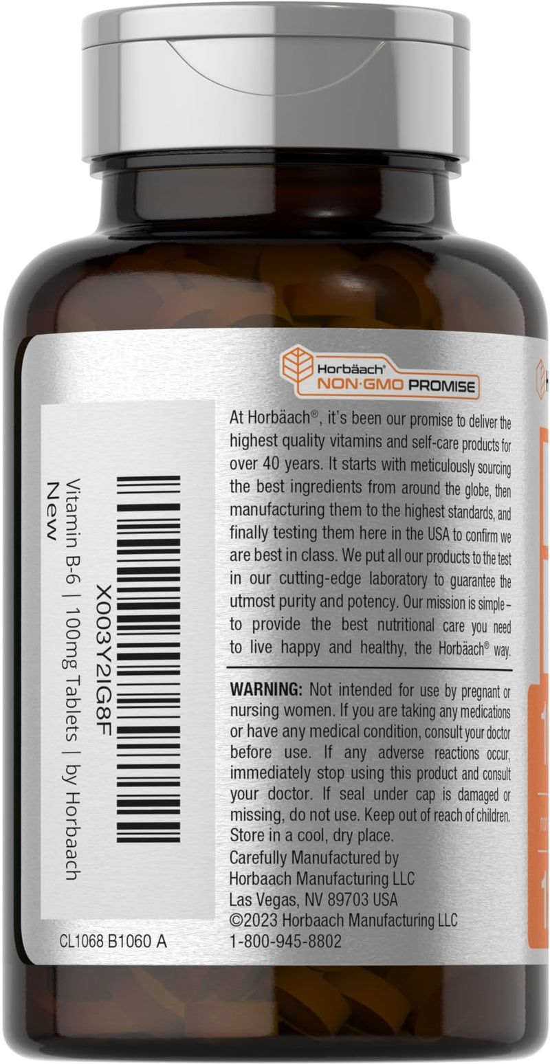 Horbaach Vitamin B6 100mg | 120 Tablets | Pyridoxine HCl | Vegetarian, Non-GMO & Gluten Free Supplement