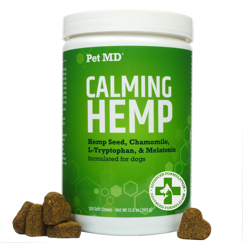 Pet MD Calming Chews for Dogs - Dog Calming Treats with Hemp & Melatonin - Calming, Anxiety Relief, & Separation Relaxant with Chamomile & L-Tryptophan - 120 CT
