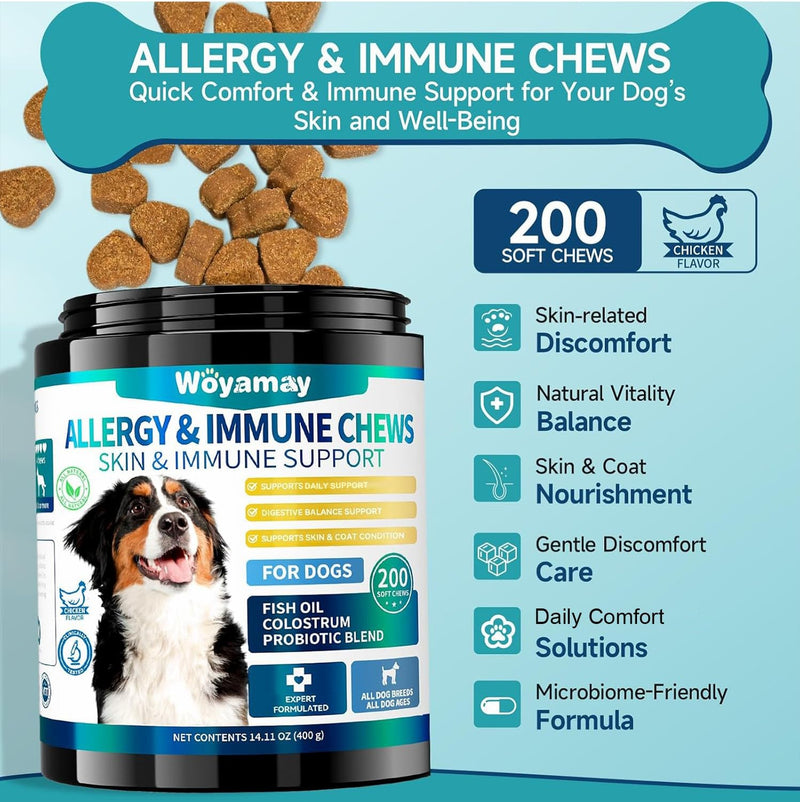2-in-1 Dog Health Bundle: Allergy & Skin + Hip & Joint Chews (200 Each) - Glucosamine, Omega 3, Turmeric for Itch Relief & Joint Mobility, Chicken Flavor