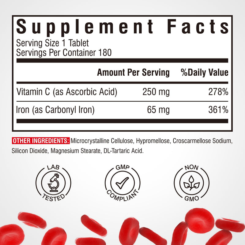 Iron Supplement, 65mg Carbonyl Iron with 250mg Vitamin C, Stomach Friendly | Iron Pills for Blood Building Women & Men, High Absorption, No Nausea, No Constipation, Non-GMO, No Gluten, 180 Vegan Tabs 180 Count (Pack of 1)