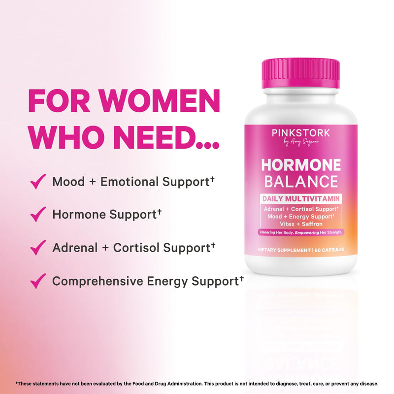 Pink Stork Hormone Balance Multivitamin for Women, 60 Vegan Capsules | 18-in-1 Vitex, Saffron, Ashwagandha, Magnesium | Mood, Energy, Cortisol, Adrenal Support | PMS, Perimenopause Support
