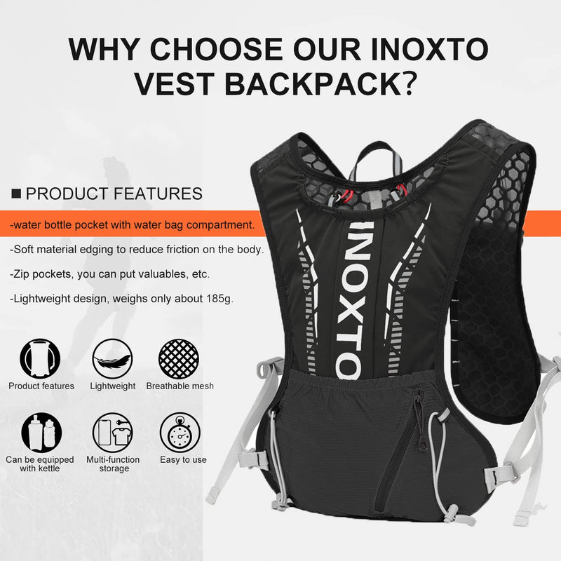 INOXTO Hydration Vest Backpack,Lightweight Water Running Vest Pack with 1.5L Water Bladder Bag Daypack for Hiking Trail Running Cycling Race Marathon for Women Men Black white