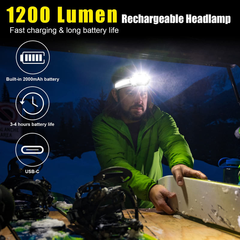 EXIN DECHEN LED Headlamp Rechargeable, 1200 Lumen Super Bright Headlamp Flashlight, 270° Wide Beam LED Headlamps with Red Taillight, 8 Mode Lightweight Waterproof Head Lamp Black 2pack-Y012