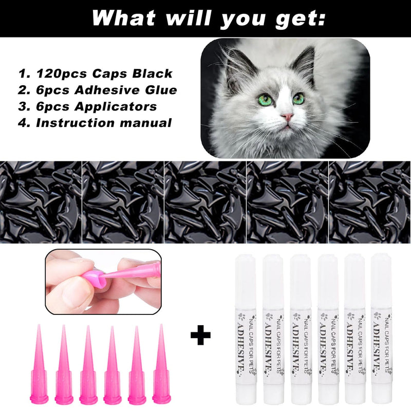 VICTHY 120pcs Cat Nail Caps | Cat Claw Caps | Cat Nail Covers with Adhesives and Applicators (Black M) - BeesActive Australia