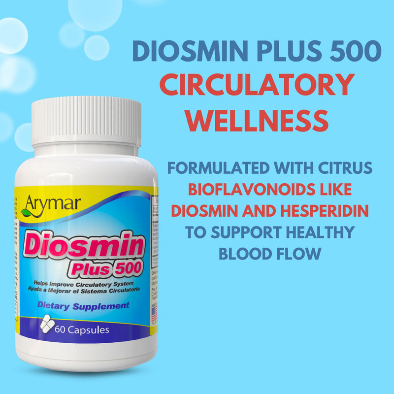 Arymar Diosmin 500mg with Vitamin B-Complex: Circulatory Formula for Leg Vein Integrity and Normal Blood Flow, Vascular Health and Microcirculation, 60 Capsules