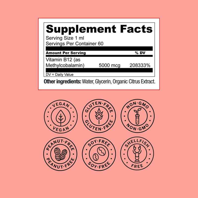 Live Conscious Vegan Vitamin B12 Sublingual Liquid Drops | Methylcobalamin Max Strength B12 5000mcg Formula | Vegan B 12 Vitamin Support Energy | Promote Memory & Aid Immune System | 60 Serving 2 Fl Oz (Pack of 1)