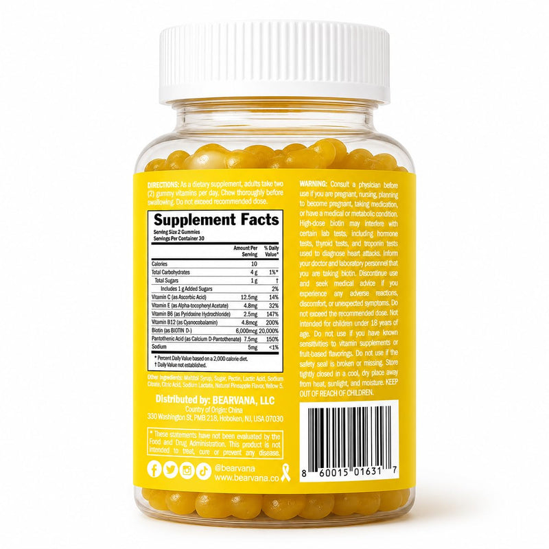 BEARVANA Biotin Gummies Extra Strength | Hair Skin & Nails Vitamins with Biotin, Vitamin C, E, B6 & B12 | Vegan Gummy Vitamins | Pineapple Flavor | 60 Gummies