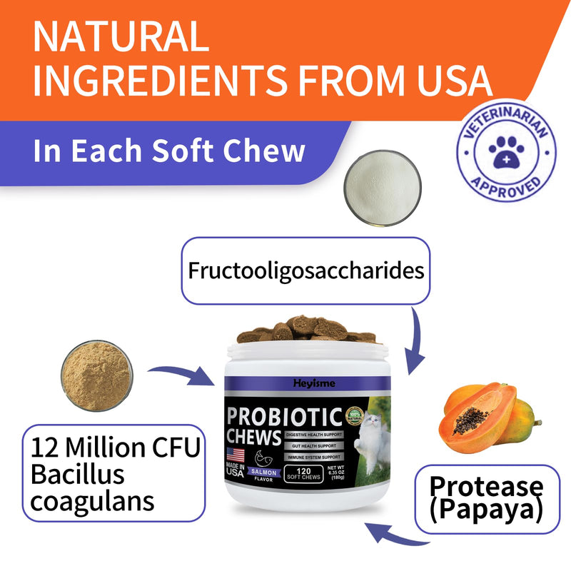 Cat Probiotic, Chews for Gut and Immune Health, Cats Probiotic Supplement for Cat Digestive Support, Healthy Digestion, Cat Constipation and Diarrhea Relief (120 Pills, Salmon) 120 Pills