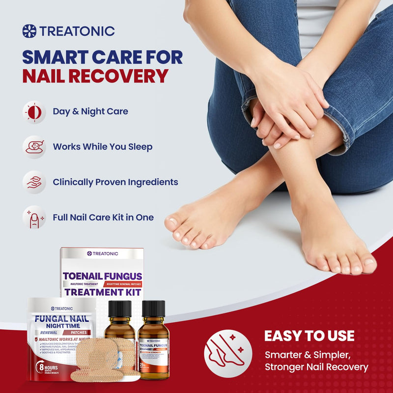 Treatonic Toenail Fungus Treatment Kit: Extra Strength Antifungal Nail Repair Solution with 25% Undecylenic Acid (30 mL) & 32 Nighttime Renewal Patches - Repairs Damaged & Restores Discolored Nails 2 Bottles + 32 Patches