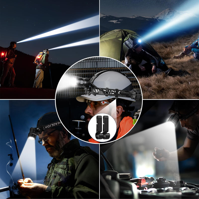 Super Bright Headlamp Rechargeable 2 Pack, High Lumen LED Head Lamp with Motion Sensor, 5 Modes, Zoomable Head Light for Forehead, 90° Adjustable, Waterproof Headlamps for Adults, Hard Hat, Camping