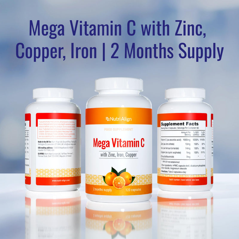 Nutri-Align Mega Vitamin C 1000mg | 120 Capsules with Zinc & Iron | Vitamin C Capsules 1000mg VIT C per Serving - Zinc, Iron & Copper Supplement | Gluten & Sugar Free | Made in the UK 120 Count (Pack of 1)