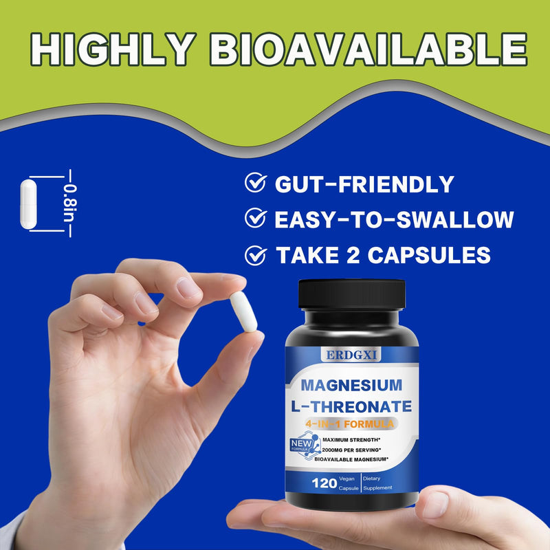 Magnesium L-threonate Supplement，Magnesium Threonate with Vitamin C &D3 | 2000mg High-Absorption Max Potency,Support Clarity,Zzz &Immune,Non-GMO & Gluten Free,120 Capsules (Pack of 1)