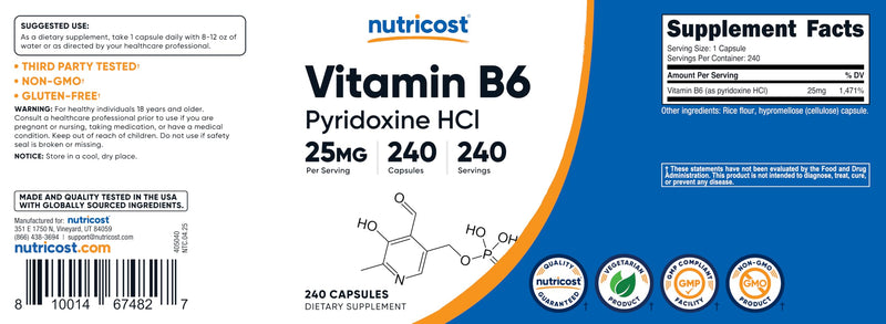 Nutricost Vitamin B6 (Pyridoxine HCl) 25mg, 240 Capsules, Gluten Free | GMO-Free, Vegetarian Friendly