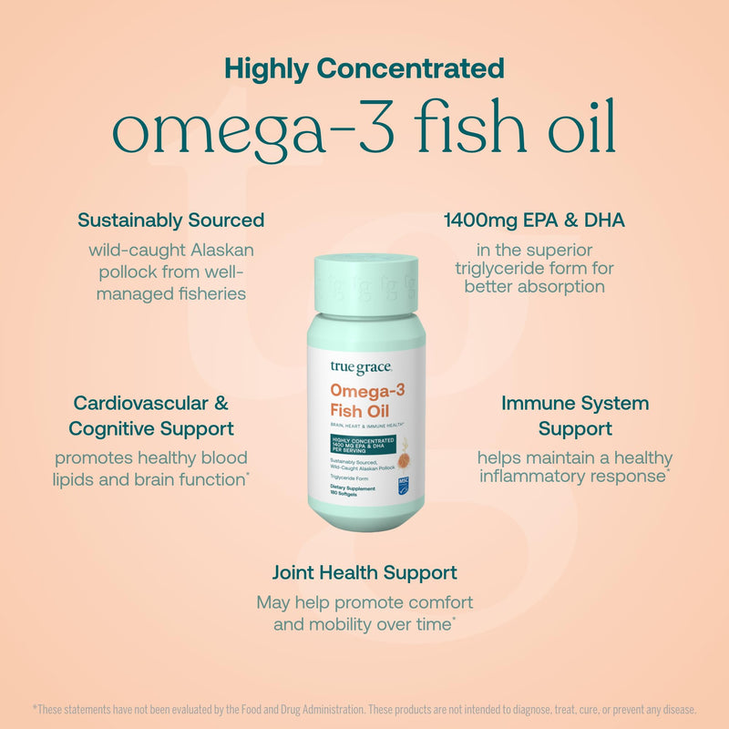 True Grace Omega-3 Fish Oil - 180 Softgels - 1400 mg EPA + DHA - Brain, Heart, Joint & Immune Health - Organic, Gluten Free, Soy Free 90 Day Supply