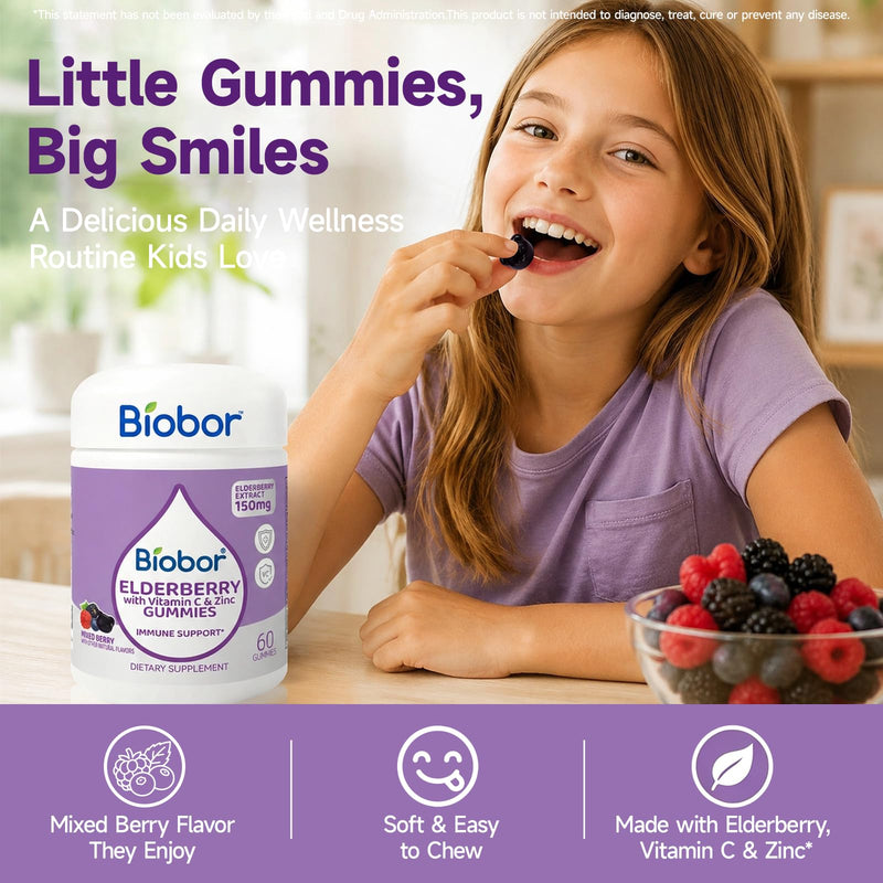 Biobor Elderberry Gummies with Vitamin C & Zinc, 150mg Elderberry, 120 Ct | 150mg Elderberry Extract, Daily Wellness Support Gummies, Vegan-Friendly, Non-GMO, Gluten Free, Mixed Berry Flavor Natural Berries 60 Count (Pack of 2)