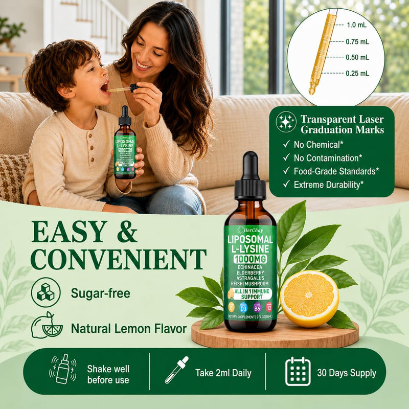 Liposomal L-Lysine Liquid Drops 1000mg with Vitamin C & Zinc, 4 Fl Oz | Essential Amino Acid Lysine with Echinacea, Elderberry, Vitamin C, D3 & Zinc for collagen, Lip, Skin & immune, kids & adults 2 Fl Oz (Pack of 2)