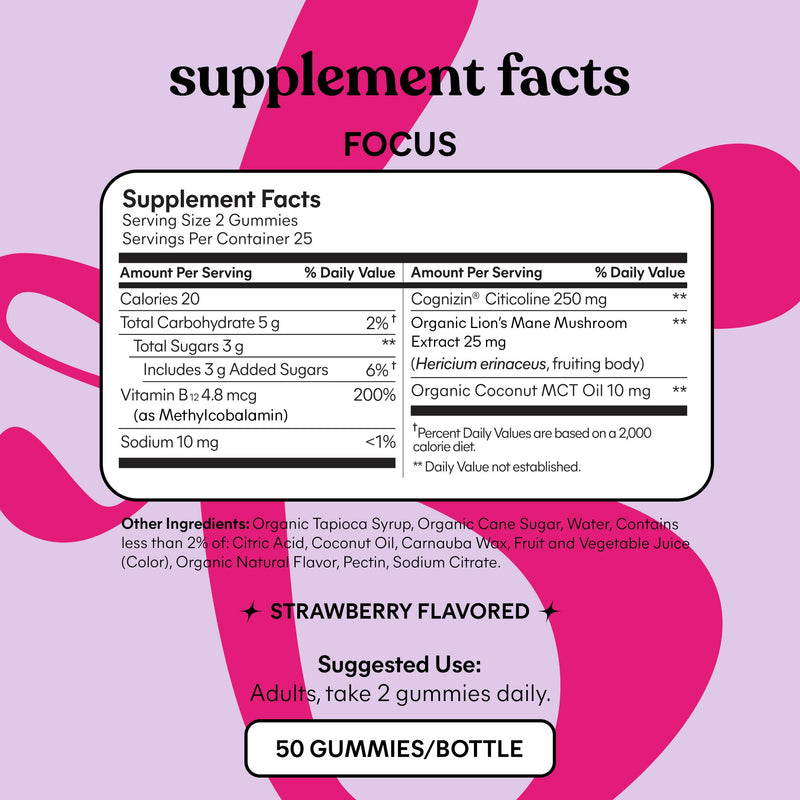 Lemme Focus Concentration & Brain Health Gummies with Cognizin Citicoline, Lion's Mane Mushroom, Vitamin B12 to Support Focus + Concentration - Gluten Free, Caffeine Free, Strawberry (50 Count) - BeesActive Australia