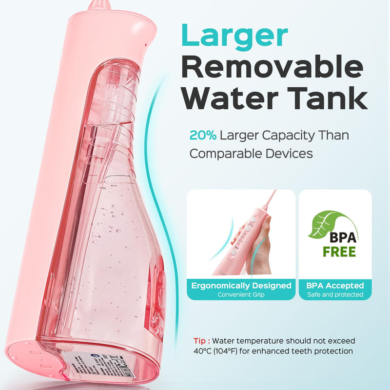 COSLUS C50 Portable Water Flosser for Teeth: 4 Modes & 5 Intensity Levels Professional Electric Dental Pick for Sensitive Gums, Braces & Orthodontic - Cordless for Travel Use, BPA-Free Pink