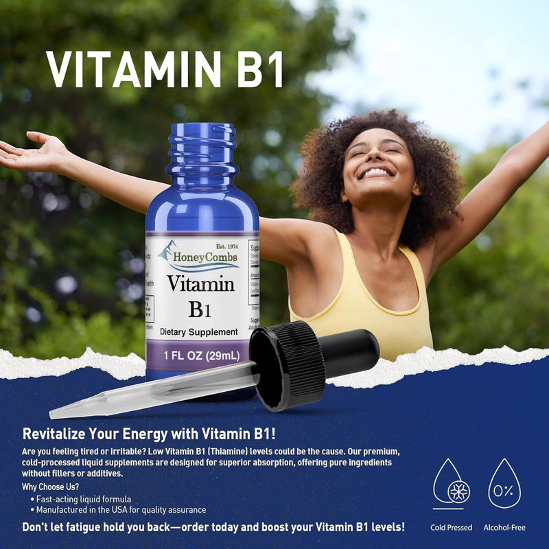 HoneyCombs Vitamin B1 Thiamine Mononitrate Supplement Drops, 1 Fl Oz | liquid Vitamin B1 drops for natural energy support. 500%DV Vegan, alcohol-free, non-GMO Thiamine made in the USA. 1 Ounce (Pack of 1)