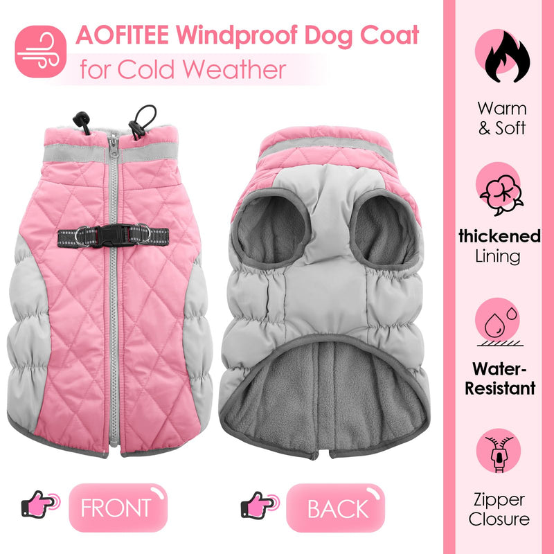 AOFITEE Dog Coat, Warm Dog Jacket Dog Winter Coats, Reflective Turtleneck Dog Fleece Vest with Harness Built in, Waterproof Windproof Dog Snow Jacket Snowsuit for Small Medium Large Dogs, Pink M - BeesActive Australia