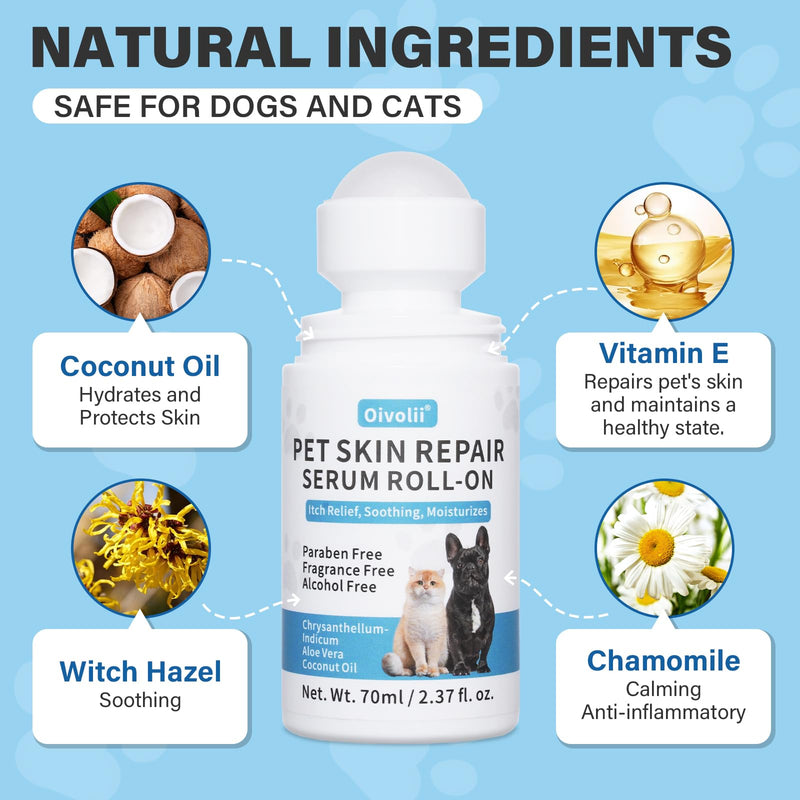 Dog Skin Repair Roll-On Serum – Natural Hot Spot & Red Spot Relief with Coconut Oil – Soothes Itchy, Dry & Irritated Skin, Supports Fur Regrowth – Lick-Safe, No-Rinse Pet Skin Care for Dogs & Cats