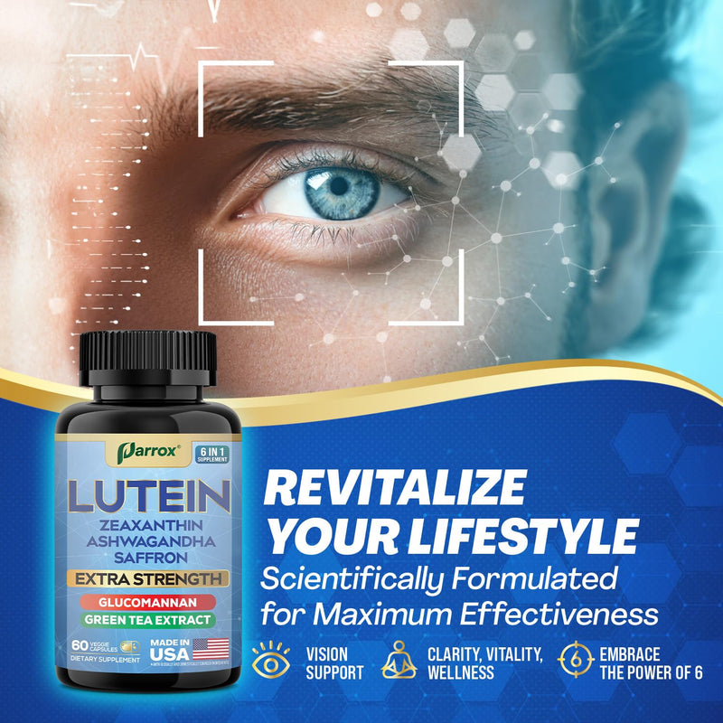 Lutein & Zeaxanthin Eye Vitamins for Adults, Vision Support, 60 Capsules | Vision Health Support with Ashwagandha, Saffron, Green Tea Extract & Glucomannan, Plant-Based Formula 60 Count (Pack of 1)
