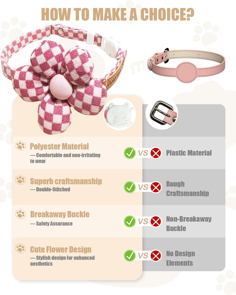 Stylish Black and White Checkered Cat Collar with Flower - Breakaway Safety Collar and Adjustable Size 7.09-12.6 inches for Small to Medium Cats (Pink) Pink - BeesActive Australia